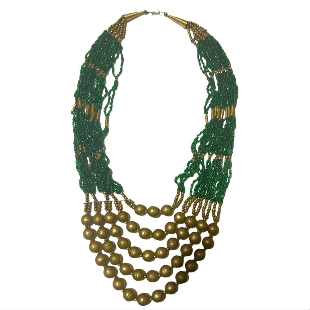 Boho 1970’s Vintage Multi‎ Strand Beaded Necklace , Green/Gold